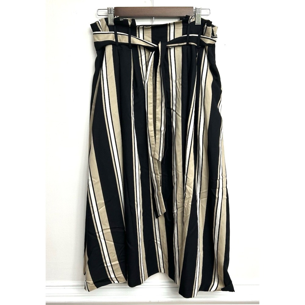 Antonio Melani Skirt Sz 8 Black Tan Ivory Stripe Paperbag Waist Tie Belt